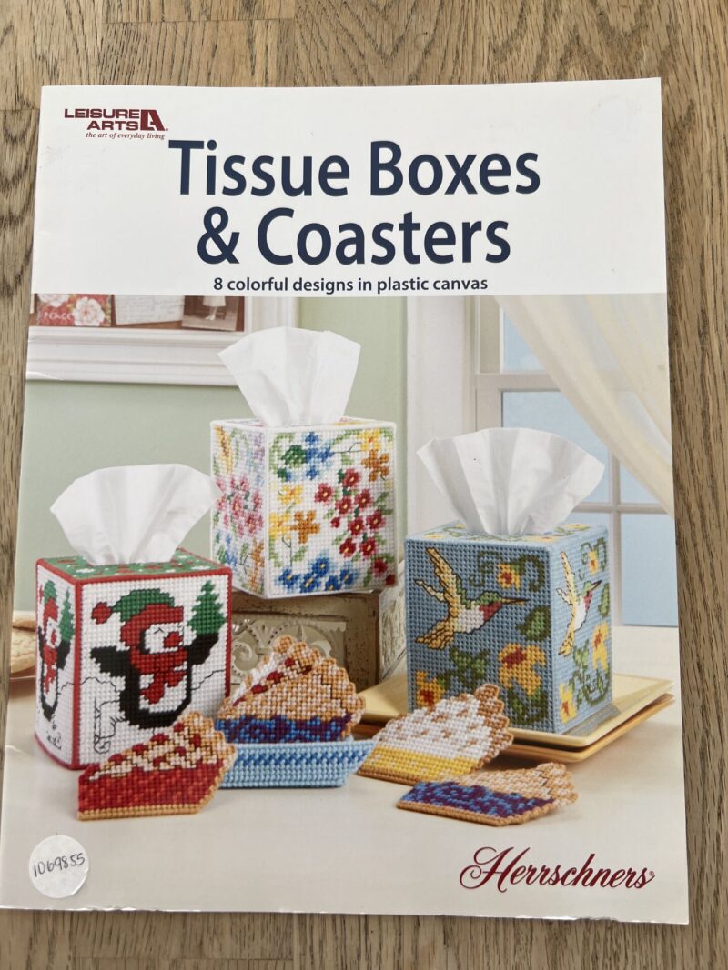 Tissue Boxes & Coasters 8 colorful designs in plastic canvas