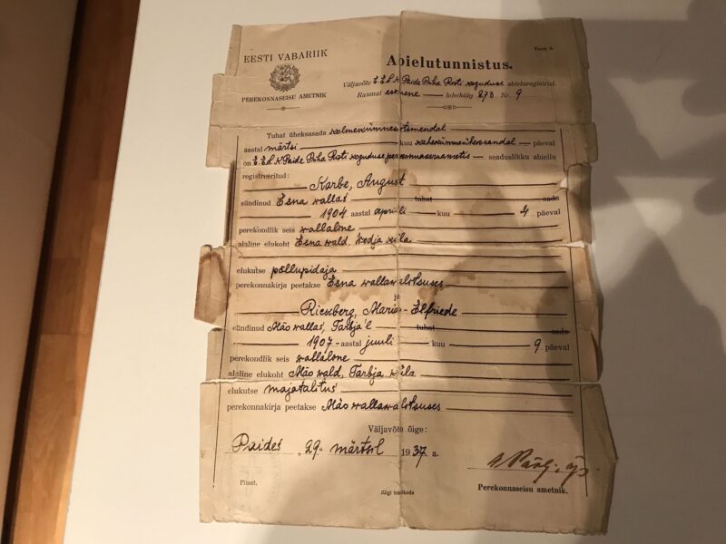EW Eesti Wabariigi Aegne Abielutunnistus 1937