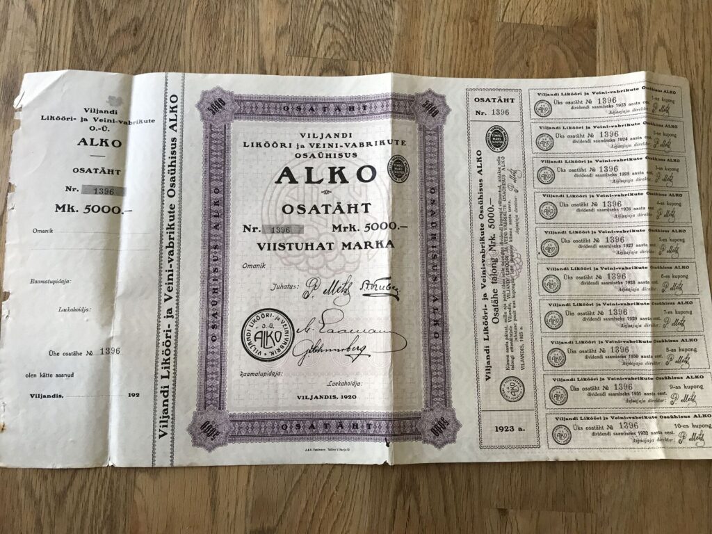 ALKO Osatäht Nr. 1396 500 Marka Viljandis 1920 Aktsia