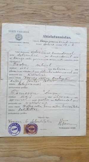 EW Eesti Vabariigi Abielutunnistus 1926