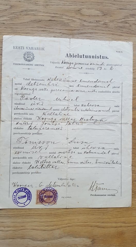 EW Eesti Vabariigi Abielutunnistus 1926