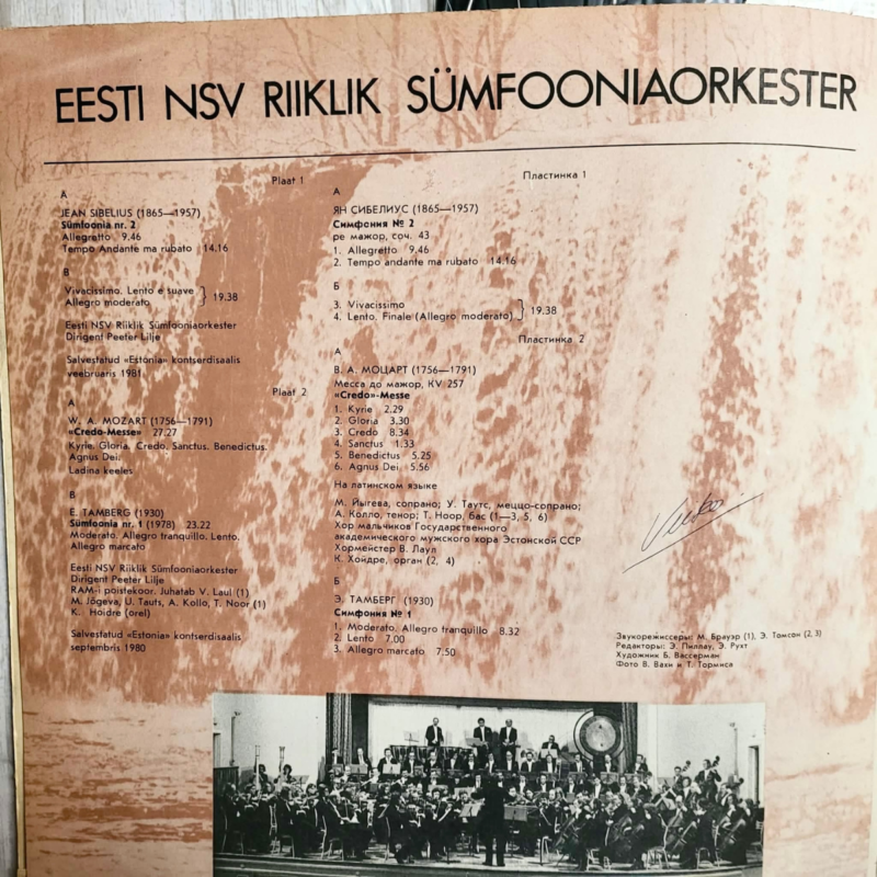 14 Eesti NSV Riiklik Sümfooniaorkester – Sibelius Sümfoonia nr 2 / Mozart Credo Missa KV 257 / Tamberg Sümfoonia nr 1 (2LP, Melodija)